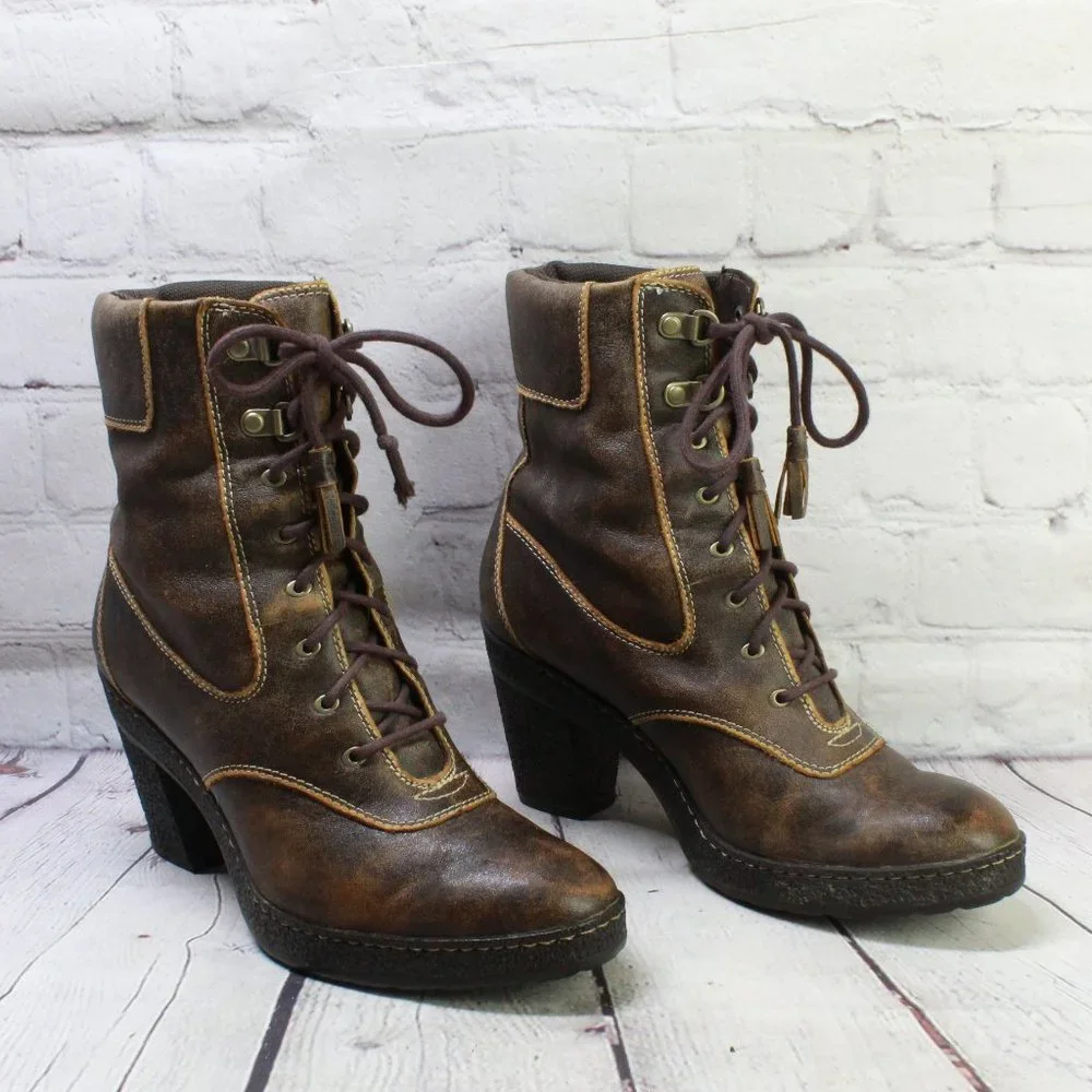 TIMBERLAND Brown Leather Chunky Heel Lace Up Winter Boots Size 7.5 M - Picture 3 of 10